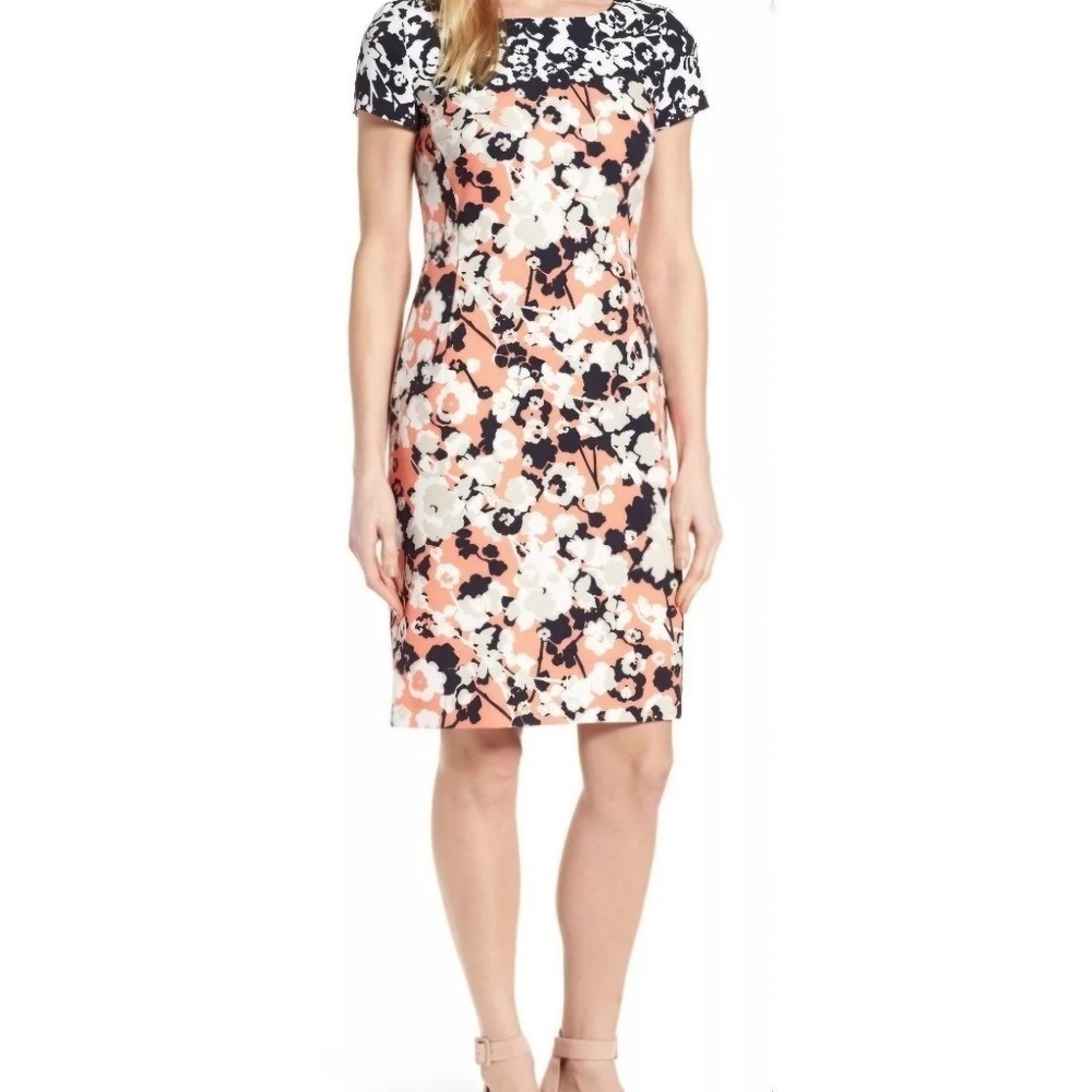 Hugo Boss Womens Floral‎ Sheath Dress Coral Pink Navy Blue Short Sleeve Size 6